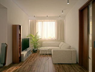 A modern apartment with an interesting arrangement.