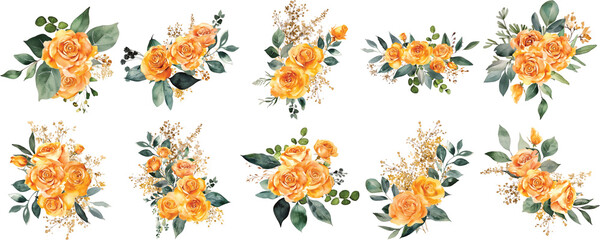 Fototapeta na wymiar Set of Vibrant Watercolor Bouquet of Yellow Roses with Delicate Blooms and Stems Transparent Background