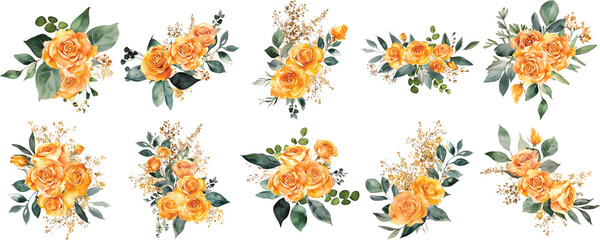 Set of Vibrant Watercolor Bouquet of Yellow Roses with Delicate Blooms and Stems Transparent Background