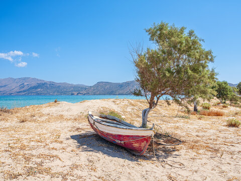 Une barque à l'ombre d'un arbre, plage de Kissamos, Crète, Grèce