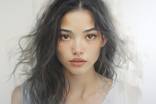 Image of an Asian woman's portrait, radiating beauty with her expressive face on a pristine white backdrop. Generative AI