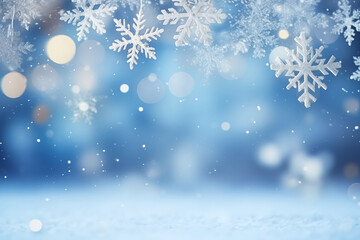 A serene and dreamy background image of a winter wonderland with snowflakes and bokeh lights