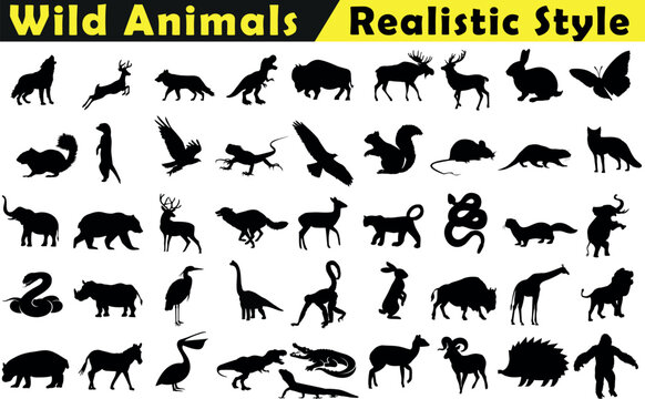 Wildlife Vector Illustration, Realistic Style. Collection of Silhouetted Wild Animals: Deer, Fox, Wolf, Bear, Lion, Tiger, Elephant, Crocodile, Snake, Monkey, Gorilla, Giraffe, Hippo, Rhinoceros