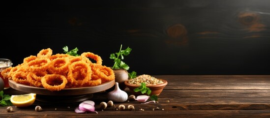 Table with homemade onion rings. - obrazy, fototapety, plakaty