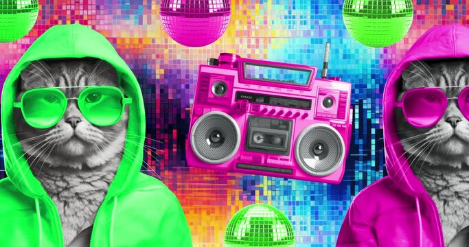 Anthropomorphic Dj disco cat. Modern animation collage. Content ai generated