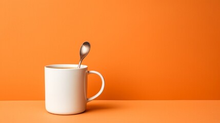 Ceramic coffee mug and spoon on a bright orange backdrop.