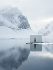 Winter mountains lake minimalist landscape,created with Generative AI tecnology.