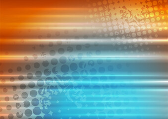 Naklejka premium Bright blue orange smooth stripes and halftone abstract background. Vector futuristic shiny design