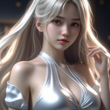 Realistic picture of beautiful anime girl, Long hair, a close up of her wearing Silver blonde silk one-piece dress. ai generative