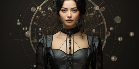 Hübsche Frau in sexy Gothik Cat Woman Leder Outfit im Querformat für Banner, ai generativ