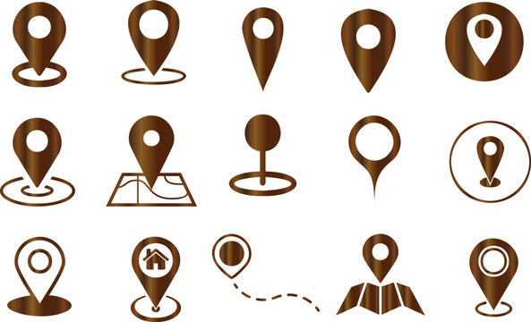 Conjunto de Vector de Iconos de Navegación, Marcadores de Ubicación, Pines de Mapa. Marrón, Varios Estilos, Diseños para Viajes, Turismo, Navegación. Incluye Círculo, Cuadrado, Triángulo, Línea