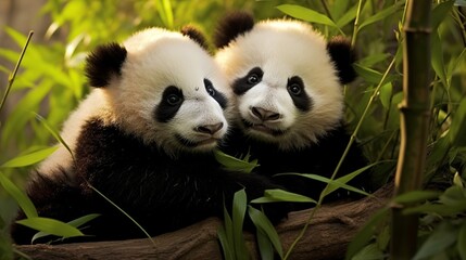 Fluffy baby pandas cuddling in a bamboo forest.