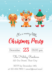 Merry Little Christmas Party invitation template. Winter holiday illustration with a gingerbread man, a little deer and an elf on a background of a winter landscape. Vector 10 EPS.