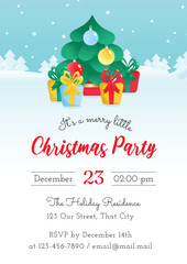 Fototapeta na wymiar Merry Little Christmas Party invitation template. Winter holiday illustration with a fir tree and gift boxes on a background of a winter landscape. Vector 10 EPS.