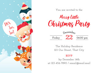 Merry Little Christmas Party invitation template. Winter holiday illustration with a little deer, a penguin and a laughing Santa Claus on a background of a winter landscape. Vector 10 EPS.