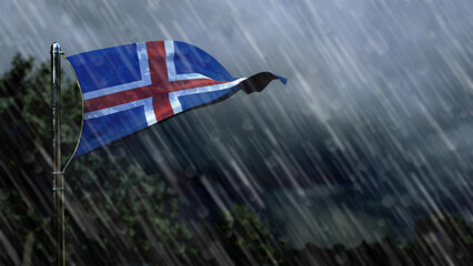 flag of Iceland with rain and dark clouds, rainy weather symbol - nature 3D rendering