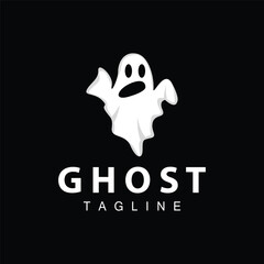 Spooky Ghost Logo, Simple Halloween Cartoon Devil Design Illustration Template Black Background