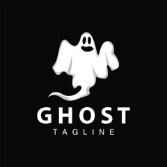 Spooky Ghost Logo, Simple Halloween Cartoon Devil Design Illustration Template Black Background