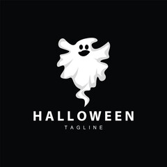 Spooky Ghost Logo, Simple Halloween Cartoon Devil Design Illustration Template Black Background