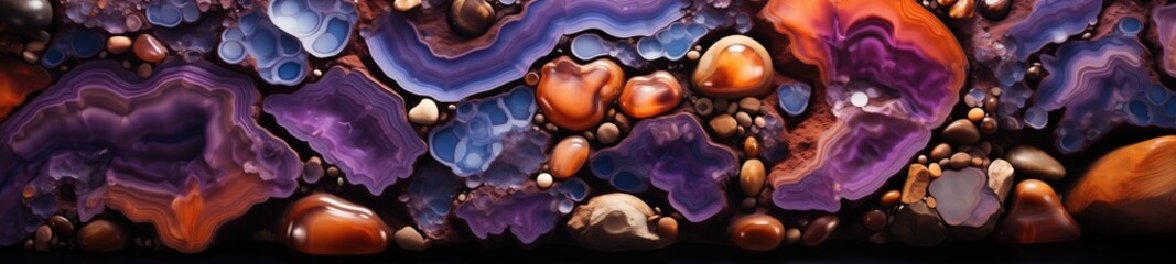 Agate rock background. Its banded patterns, crafted by mineral layers, narrate a geological story in vibrant strokes. - obrazy, fototapety, plakaty