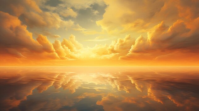 Golden Amber Clouds hover over a tranquil lake, creating a breathtaking mirror image on the water's surface.