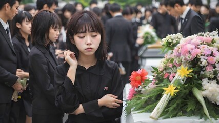 Sad Asian Woman In Funeral Ceremony Background