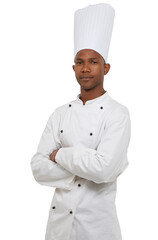 Portrait, chef and black man with arms crossed, career or confident guy isolated on transparent background. Face, African person or employee in a uniform, restaurant owner or culinary expert with png