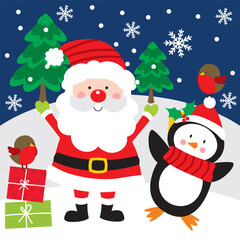 Cute Santa Claus with Penguin with Christmas Tree