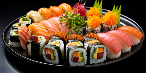 A plate of sushi and rolls with the word sushi on it,,
Salmon sushi roll isolated on transparent background Generative Ai