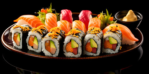 A plate of sushi,,
Artful Arrangement  Assorted Sushi on a Plate Generative Ai