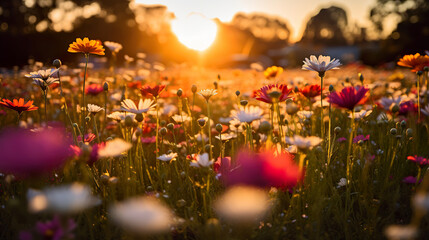 Fototapeta na wymiar Field of Flowers at Sunset. Generative Ai