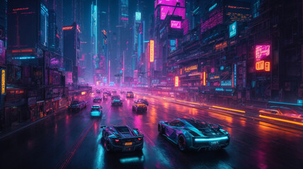 Fototapeta na wymiar A mesmerizing depiction of a cyberpunk city in a futuristic fantasy world, showcasing towering skyscrapers, flying cars, and vibrant neon lights against a spectacular nighttime backdrop. This digital 