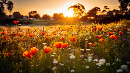 Field of Flowers at Sunset. Generative Ai