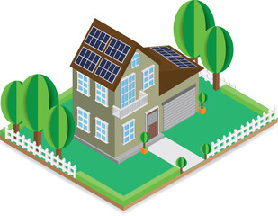 Vector isometric cute style detached house with solar panels on the roof for saving electricity, modern technology for saving the environment, placed on a clearly isolated white background.