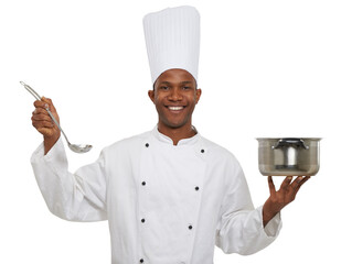 Smile, portrait and chef with pot and spoon for cooking gourmet meal at luxury restaurant. Happy,...