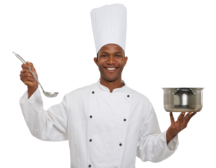 Smile, portrait and chef with pot and spoon for cooking gourmet meal at luxury restaurant. Happy, career and professional black man culinary worker with pan isolated by transparent png background.
