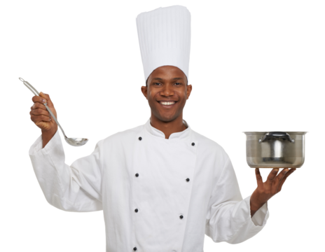 Smile, portrait and chef with pot and spoon for cooking gourmet meal at luxury restaurant. Happy, career and professional black man culinary worker with pan isolated by transparent png background.