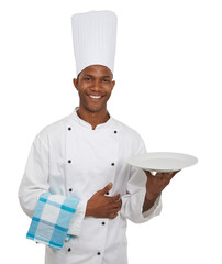 Chef, portrait and serve plate for dinner preparation or lunch recipe nutrition, skill career or...