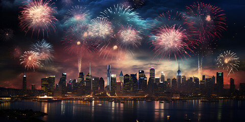 Fireworks over a city with the skyline in the background,, Fireworks illuminating a cityscape with bursts Generative Ai