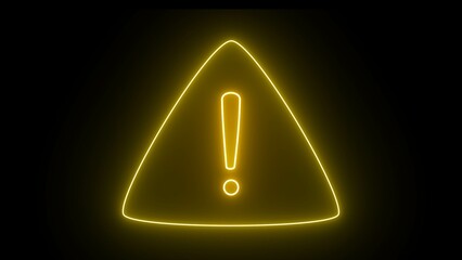 Warning icon yellow color neon warning sign on the black background. Neon light exclamation text icon.