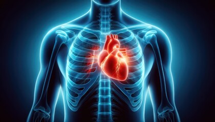 X-ray view of the human chest with a healthy, glowing heart