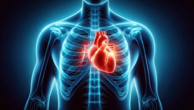 X-ray view of the human chest with a healthy, glowing heart