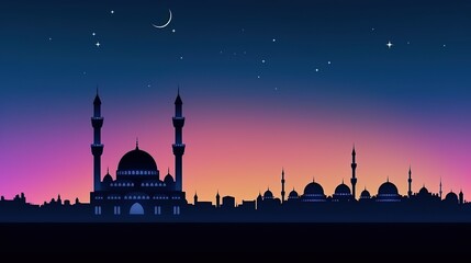 Silhouettes of Mosque dome and crescent moon in the background, symbol of Islamic religion and empty space for text. Generative AI