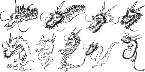 龍　辰年　手書きの毛筆イラストのセット