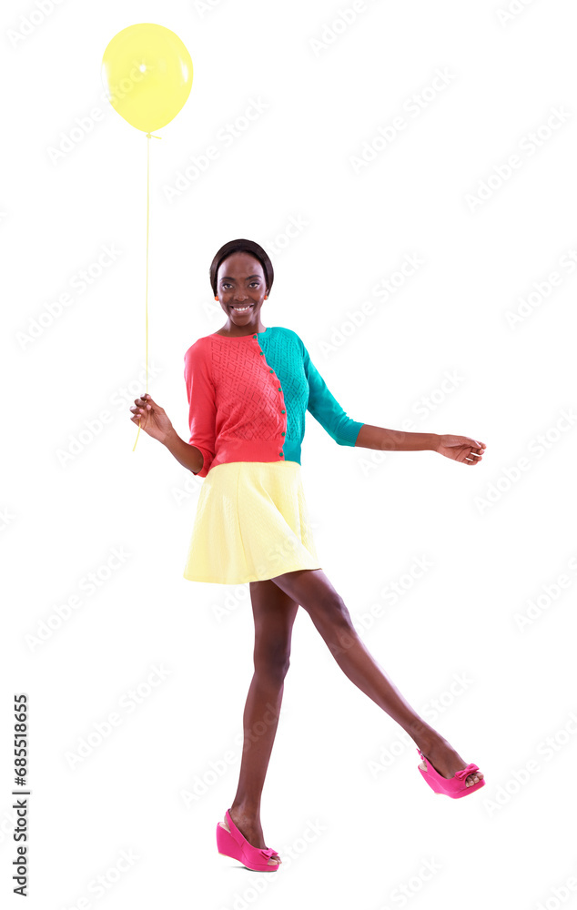 Wall mural Portrait, style and black woman with fashion, balloon confident girl isolated on transparent background. African person, creative and model with casual outfit, aesthetic and png with party decoration