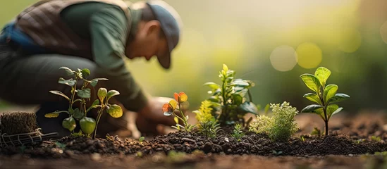Fototapeten The skilled worker carefully tends to the lush green garden, his hands covered in soil as he artfully designs a landscape that harmoniously combines the textures of nature with the precision of man © TheWaterMeloonProjec