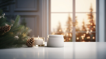Mock up of skincare jar on white surface. Isolated in modern Scandinavian winter home interior with pine cone, trees, light. Beauty product packaging. Product photography. Holiday, winter celebration. - obrazy, fototapety, plakaty