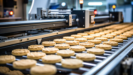 Production line at the bakery, sweet cookies on a conveyor belt.
