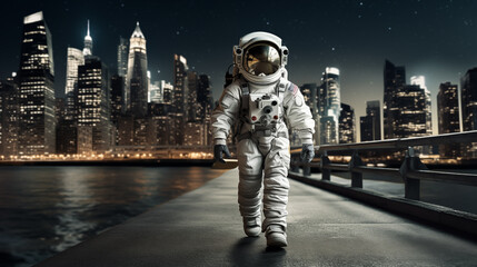 Astronaut walking in the city at night