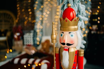 Nutcracker doll in a decorated New Year's room - obrazy, fototapety, plakaty